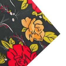 Atlas fabric red flowers on black, width 150 cm