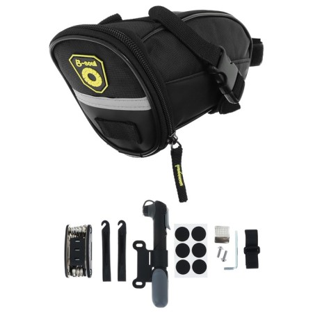 A set of bicycle tools, a bag, a set of hexagons, a repair kit, pump