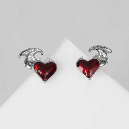 Emall earrings "Devil" heart, red color in silver