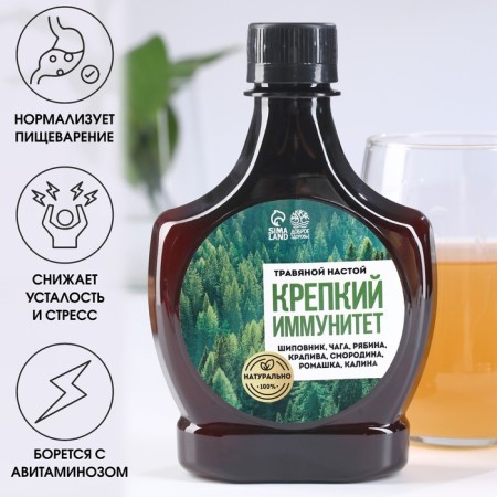 Balm "Strong Immunity": rosehip, chaga, mountain ash, nettle, currants, chamomile, viburnum, in a plastic bottle, 250 ml.