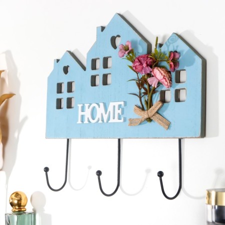 Decorative wood hooks "House with a bouquet of flowers" 25x29.5x4.5 cm-1