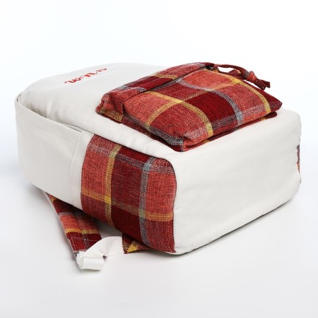 Youth backpack from textiles, 3 pockets, white/brown/red color-4