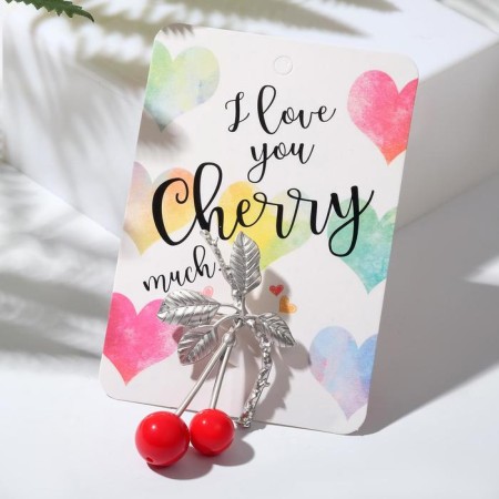 Brooch "Cherry" with leaves, mobile, red color in matte silver-2