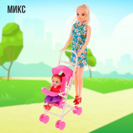 Mom and daughter doll with a stroller, mix-4