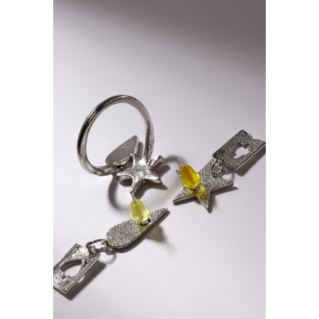 Set: earrings, anime ring star and drop, green-pink color in silver-2