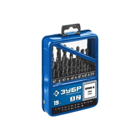 Set of drill on metal bison, p6m5, cylindrical shank, 1-10 mm, 19 pcs, class B, case 960029-1