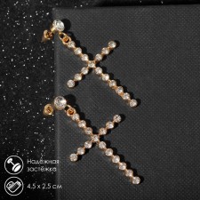 Earrings with rhinestones “crosses” with divisions, white color in gold