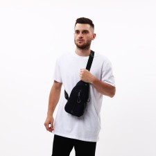 Male sling bag from textiles, headphone opening, blue color