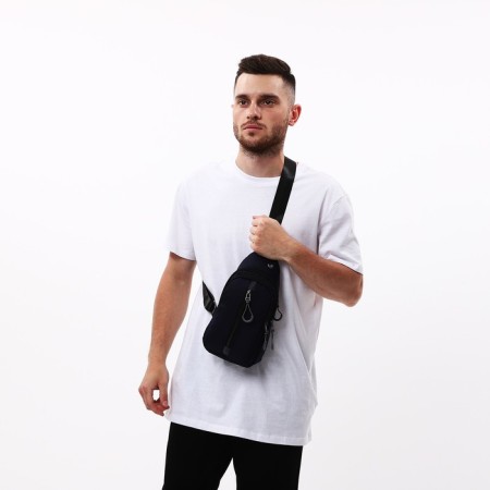 Male sling bag from textiles, headphone opening, blue color