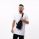 Male sling bag from textiles, headphone opening, blue color