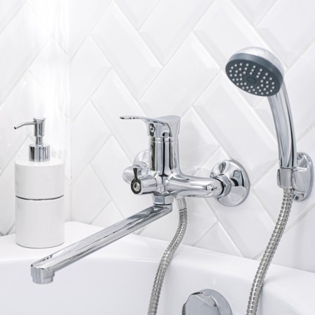 Bath mixer RMS SL86-006E, single-leaf, pour 27 cm, wall, chrome-1