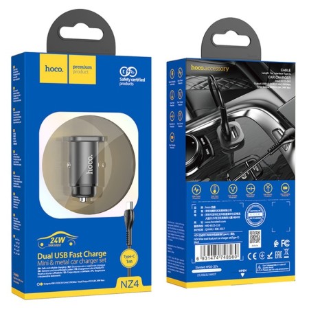 Hoco NZ4, 24 W car charger, 2 USB - 2.4 A, Type -C 1 m cable, black-4