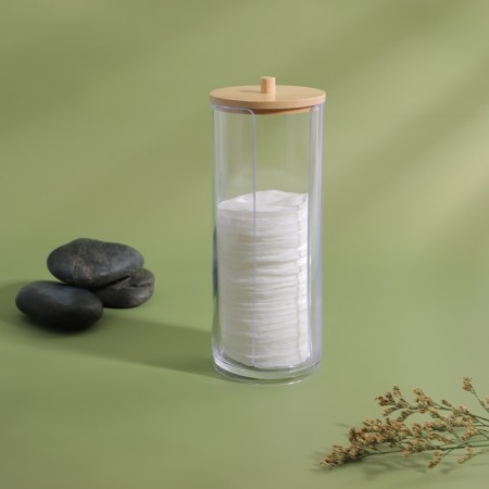 Organizer for storing cotton pads, with a lid, D 6.5 × 18 cm, in a cardboard box, the color is transparent/brown-2