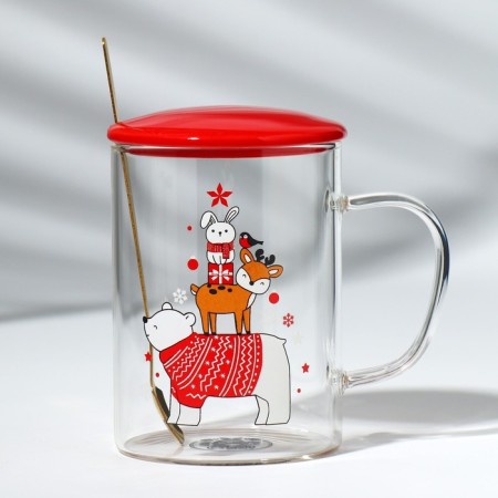 Glass mug with a spoon and cover "Beast", 470 ml-6
