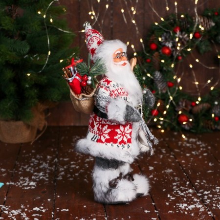 Santa Claus "In a suit with ornaments, skiing and twigs" 31 cm, red-white-1