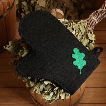 Mitten for a bath with an applique "Oak sheet" Black