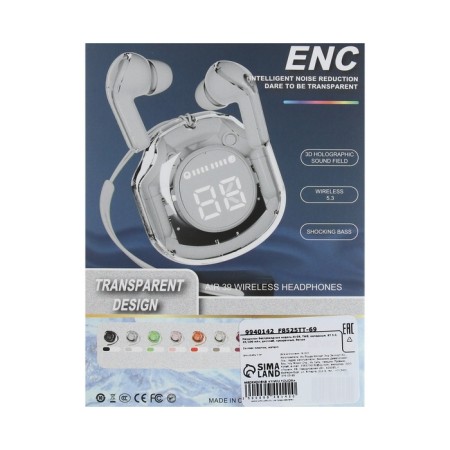 Wireless headphones Air39, TWS, inserts, BT 5.0, 45/200 mAh, display, transparent, white-9
