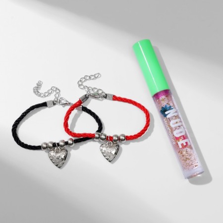Set 3 objects: 2 bracelets, lip gloat "Demetrons" hearts, black-red color, 6 cm-2