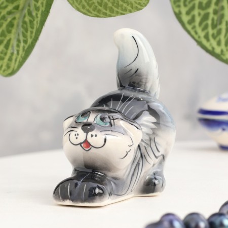 Souvenir "cat", sedentary, striped dark, gzhel-2