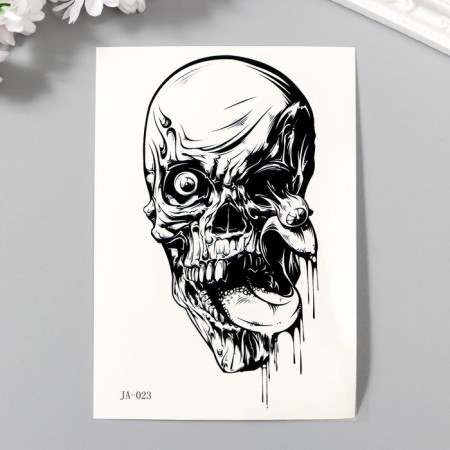 Tattoo on the body black "decaying skull" 15x10.5 cm