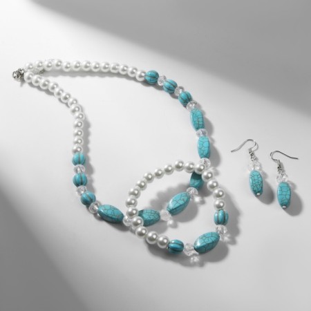 Set 3 objects: earrings, beads, bracelet "Witter", beads No. 8, white-white color, 42 cm