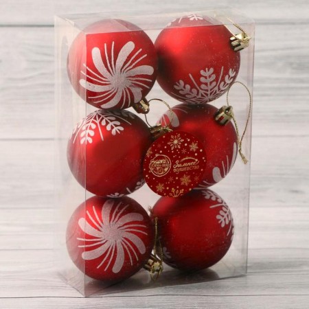 Set of balls plastic D-6 cm, 6 pcs "Assorted Snowflakes" Red-1