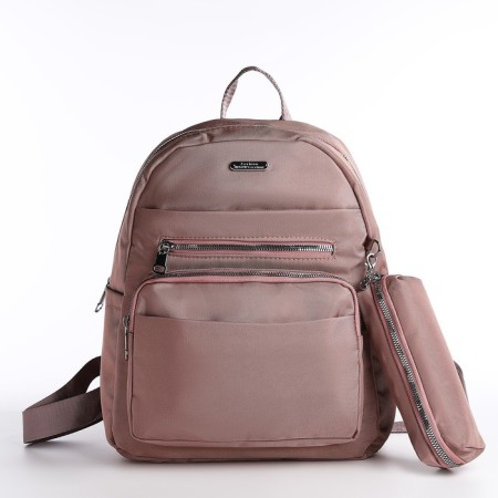 A backpack with a zipper, 5 outer pockets, pencil case, powder color-2