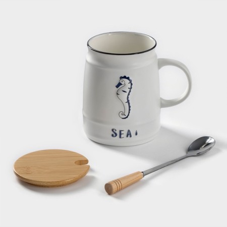 Ceramic mug with a wooden lid and spoon "Sea", 400 ml, Mix drawing-6