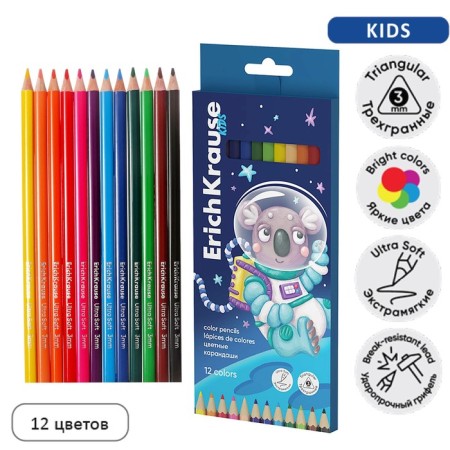 Pencils 12 colors Erichkrause Kids Space Animals, trihedral, wooden, euro suspension