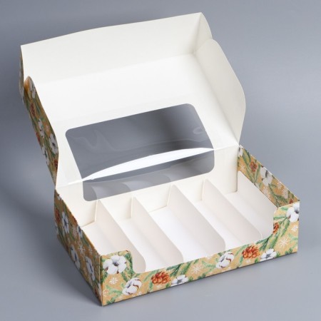 Box for eclairs with inserts - 5 pcs “Eco New Year”, 25.2 x 15 x 7 cm, New Year-5