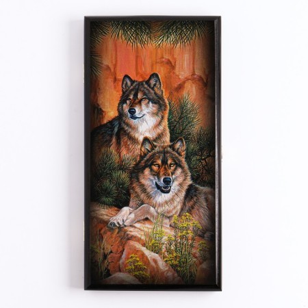 NARDS "Wolves", wooden board 50 x 50 cm, with a field for playing checkers