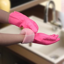 Gloves of household rubber shares, with lining, size L, 90 gr, pink color