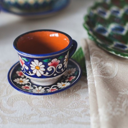 Tea couple of Rishtan ceramics "Flowers", 100 ml, (plate 10cm, cup 7.5cm), blue-10