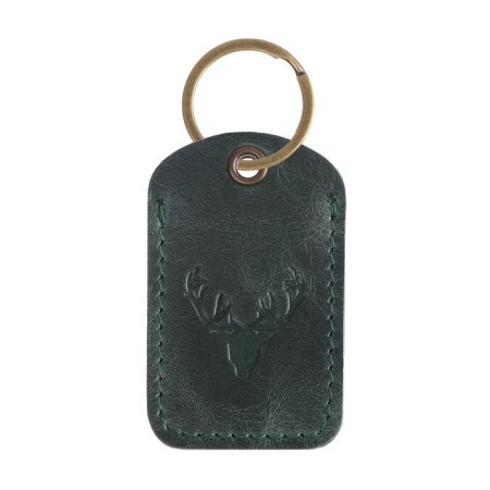 Key leather keychain, label, rectangular, genuine leather, green, deer-2