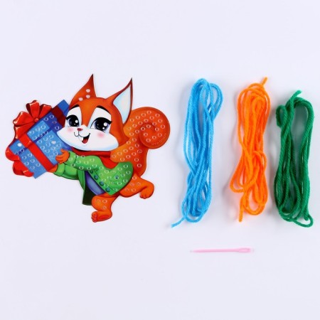 New Year's set for creativity. Embroidery with yarn "New Year! Whitler with a gift "on cardboard-2