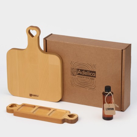Gift set of ADELICA wooden dishes, cutting board, exchange 3 sections, oil as a gift 100 ml, birch-6