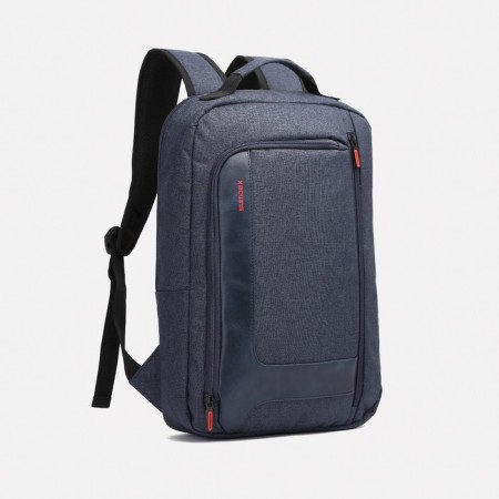 A backpack, a lightning department, an outer pocket, an attach to a suitcase, the color is blue
