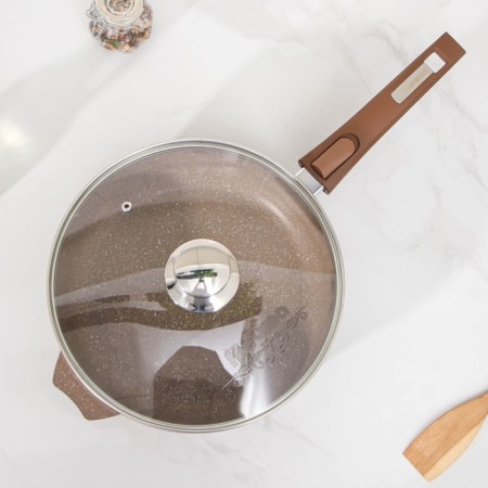 Granite pan, d = 26 cm, removable handle, glass cover, anti -stick coating, brown color-2