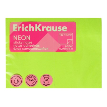 Block with a sticky edge paper 100x75 mm, Erichkrause "Neon", 100 sheets green-1