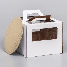 Box for cake 2 windows, with handles, white, + substrate 2.5 gold-white, 24 x 24 x 20 cm