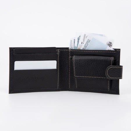 Male purse on a button, for bills, for cards, for coins, black color-4