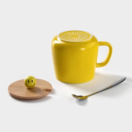 Ceramic mug "Smile", 350 ml, with a wooden lid and spoon, color and pattern mix-5