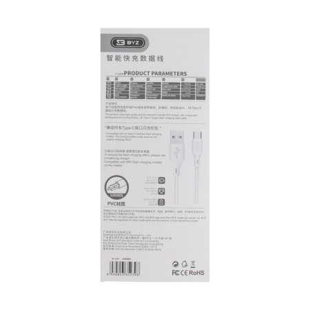 BYZ BC-040, Type-C cable-USB, 3 A, 1 m, silicone, white-4