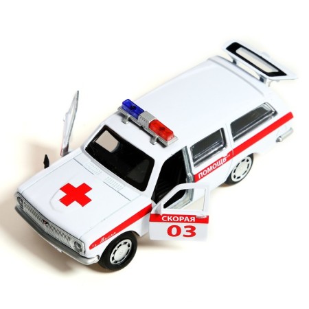 Metal GAZ-2402 Volga ambulance, 12 cm, doors and trunk open, white color-3