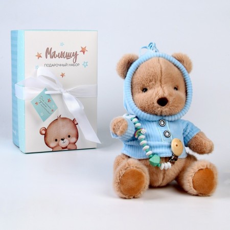 Gift set: Soft toy "Bear" + Holder for a dummy, blue-2