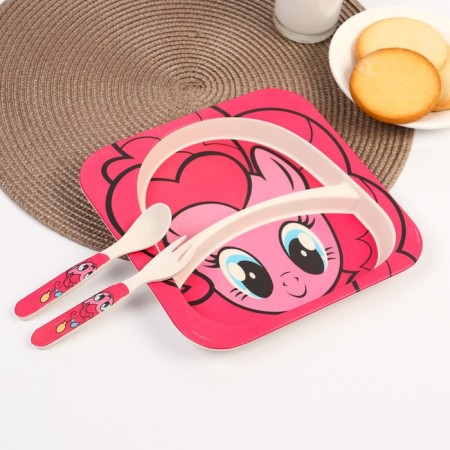 A set of children's bamboo dishes, 3 objects: plate, fork, spoon "Pinky Pie", My Little Pony-1