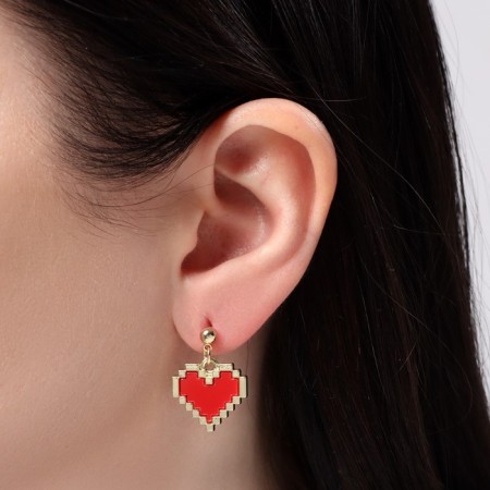 Earrings Assorted "hearts" pixels, red-black color in gold-1