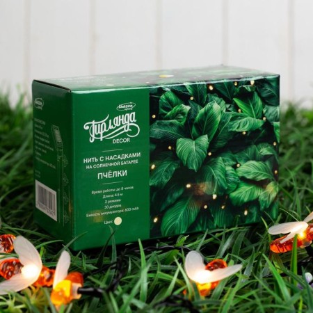 Garland “thread” 4.5 m with nozzles “bees”, IP44, dark thread, 30 LED, glow warm white, 2 modes, solar battery-8