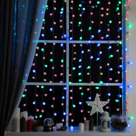 Garland "Curtain" 2 × 1.5 m with nozzles "Hedgehog", IP20, Transparent thread, 360 LED, glow of multi, 8 modes, 220 V