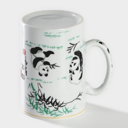 Ceramic mug with a panda lid and sieve, 300 ml, white color-5